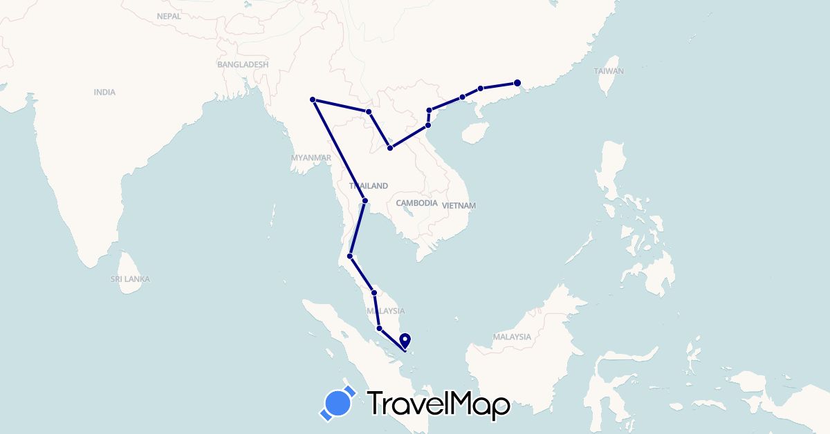 TravelMap itinerary: driving in China, Laos, Myanmar (Burma), Malaysia, Singapore, Thailand, Vietnam (Asia)